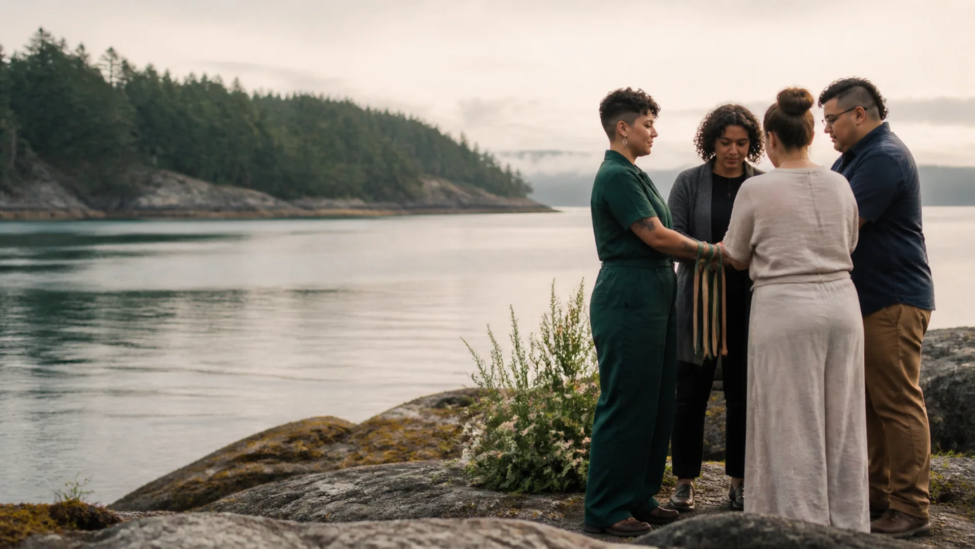 Four people join hands during a shoreline handfasting ceremony