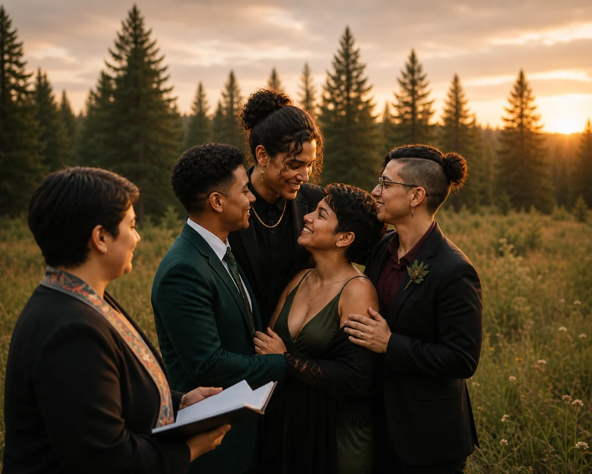A joyful chosen family celebrates a commitment ceremony beside the water