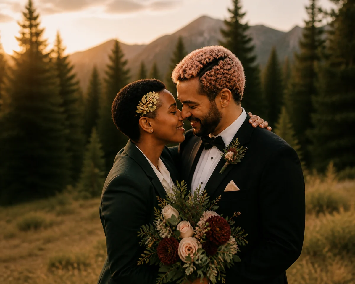 Two people exchange vows during a wooded Pacific Northwest ceremony